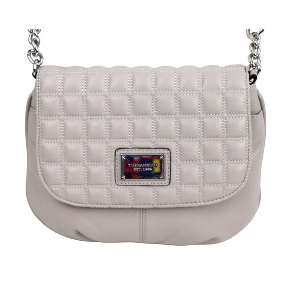 Tignanello STITCHED BEIGE GENUINE LEATHER FLAP CHAIN X-BODY SHOULDER BAG HANDBAG - Picture 1 of 15